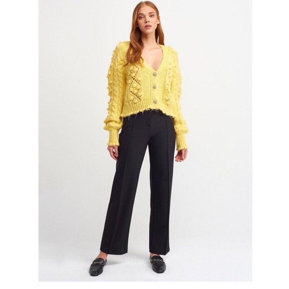 Dilvin Knit Bobble Yellow Cable Knit Jewel Buttons Scalloped Hem Cardigan M - Picture 2 of 15